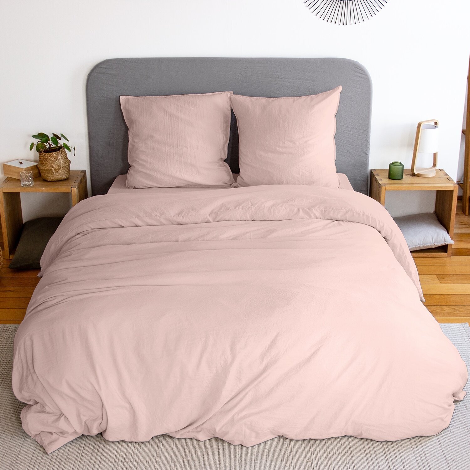 Parure housse de couette unie 100% microfibre lavée - avy - rose poudré