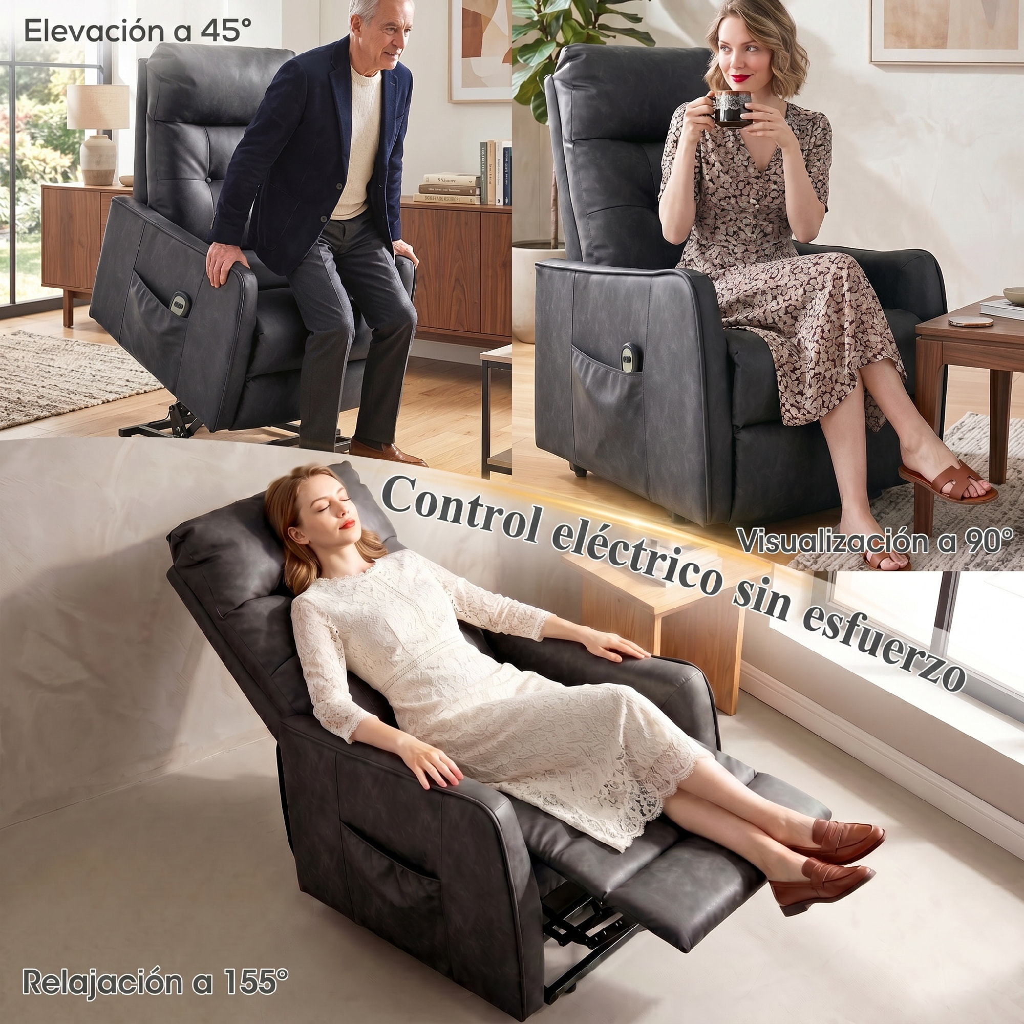 HOMCOM Sillón Relax Reclinable Eléctrico Levanta Personas, Tapizado en Cuero PU, Sillón Elevador con Control Remoto, Asiento de Muelles, Reposapiés, Respaldo Alto, Bolsillos Laterales, Gris