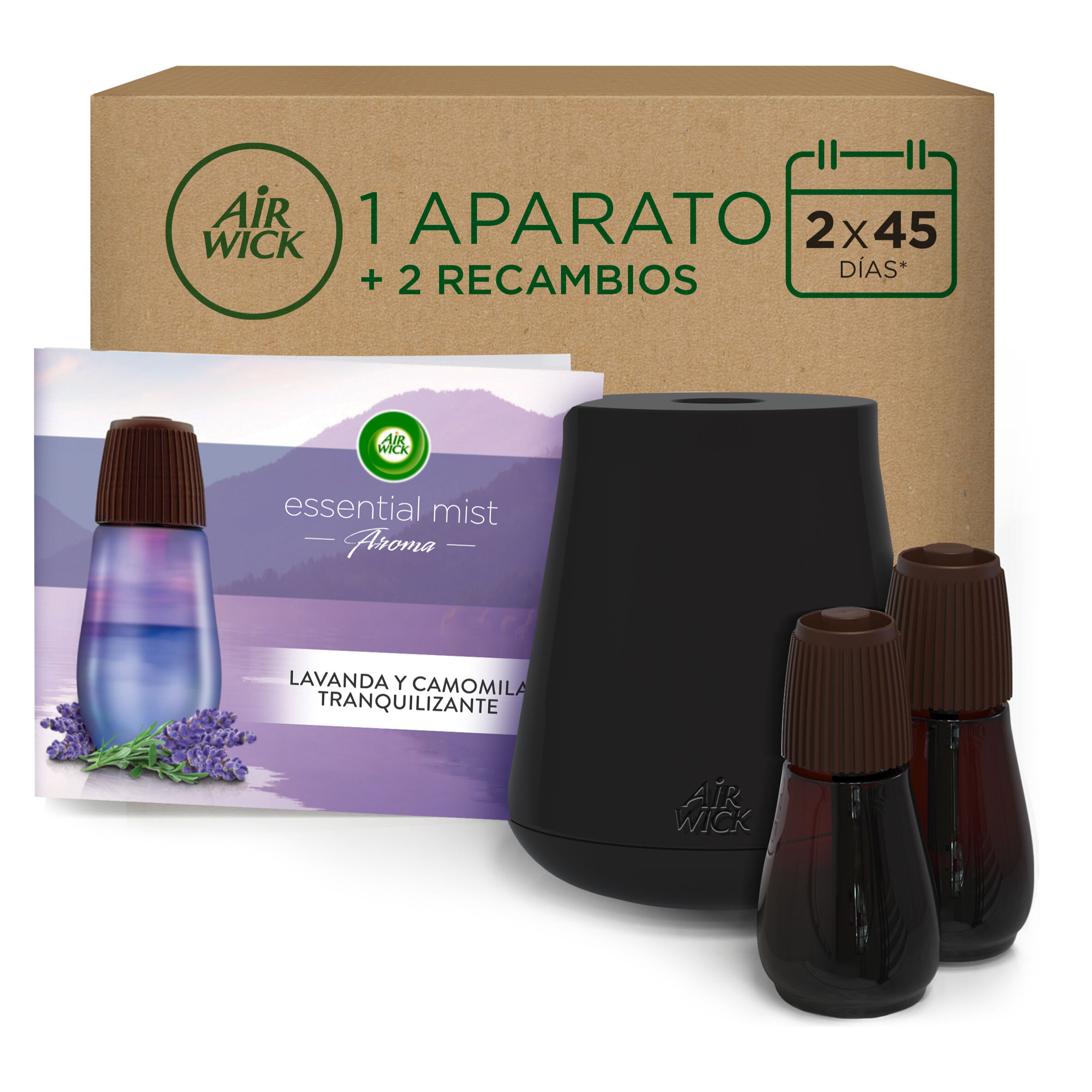 Air Wick Essential Mist - Aparato y recambios de ambientador difusor, esencia para casa con Aroma a Lavanda y Camomilla Tranquilizante - pack de 1 aparato y 2 recambios (2 * 45 Días)