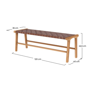 Banc 120 cm en cuir tressé marron et bois de teck - Kuna