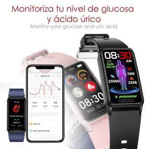 Bracciale intelligente TK71 Pro con temperatura corporea; monitoraggio del glucosio, dell'acido urico, dello stress, del battito cardiaco e della tensione.