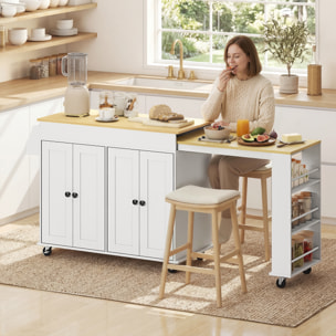 Isla de Cocina con Ruedas, Encimera Extensible, Carro de Cocina con 4 Puertas, Estantes Ajustables, Estantería Lateral Abierta, Especiero y Soporte para Toallas, para Comedor, Blanco