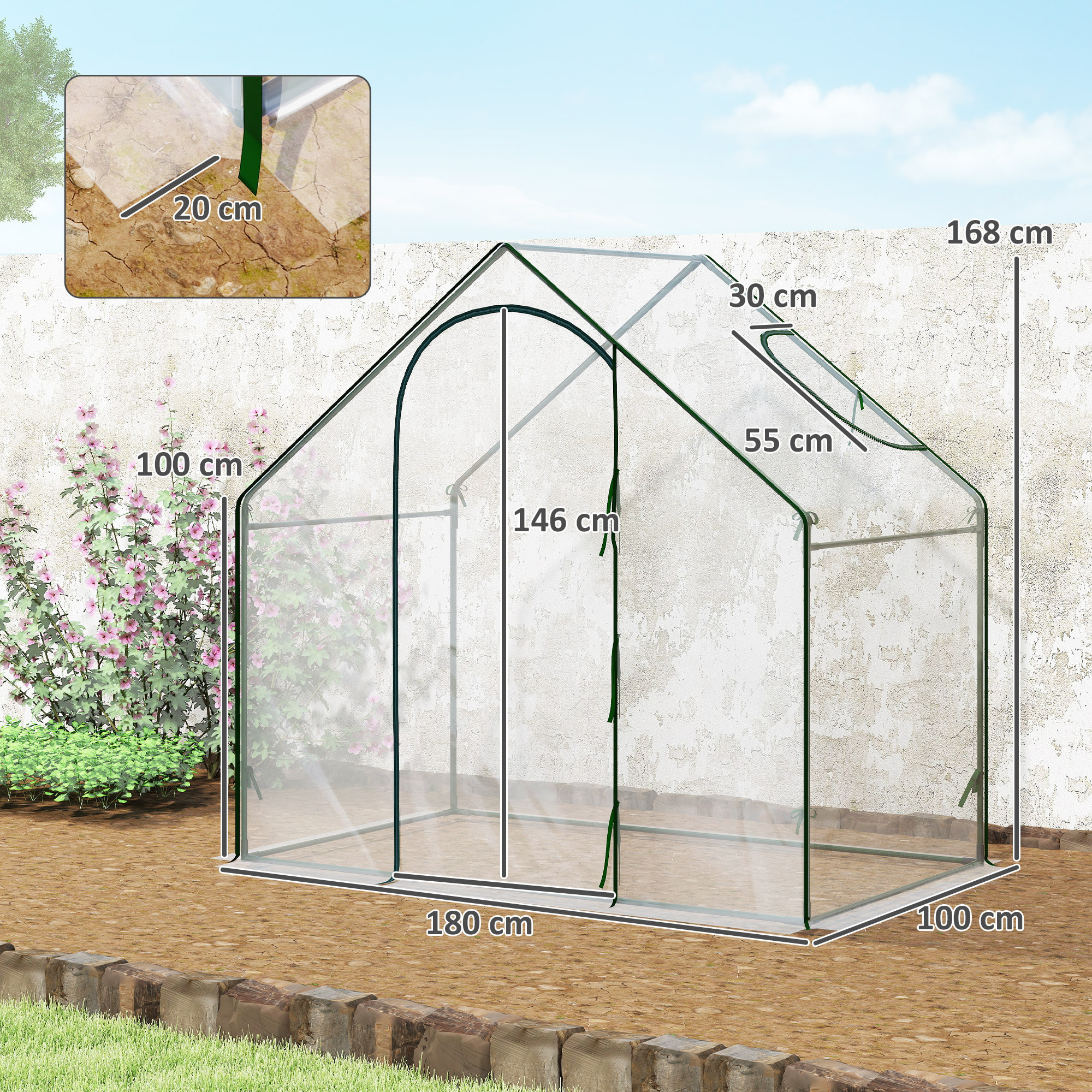 Invernadero Pequeño, Invernadero de Exterior con Ventana y Puerta con Cremallera, Marco de Acero, Cubierta de Plástico Impermeable Anti-UV para Cultivar Plantas, 180x100x168 cm, Transparente