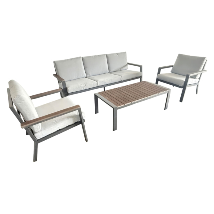 Ikigai - Set Salotto da Giardino Divano 3 Posti 2 Poltrone e Tavolino con Cuscini in Alluminio e Legno Plywood