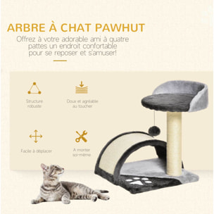 Arbre à chat griffoir grattoir design jeu boule suspendue + plateforme peluche sisal naturel gris