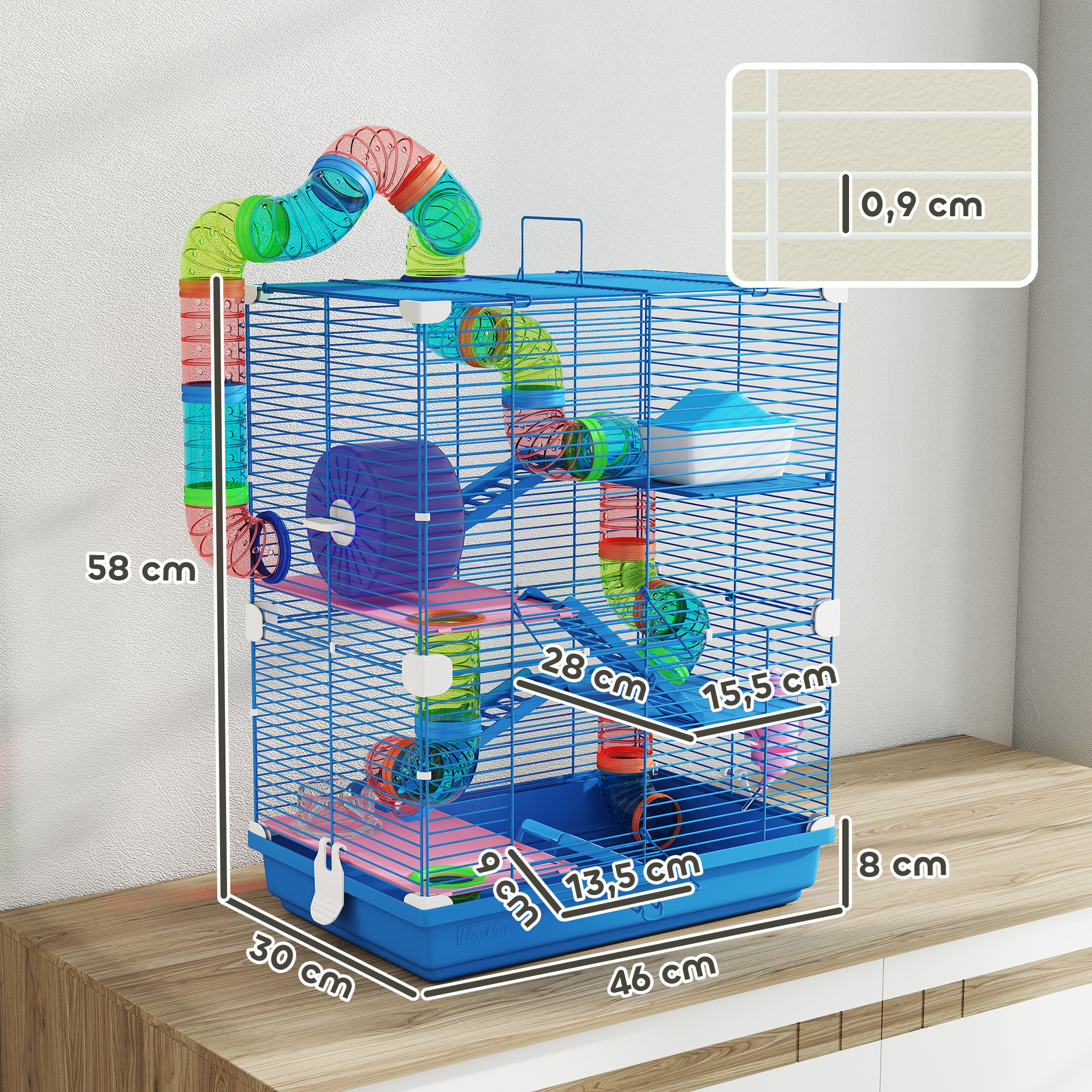 Cage pour hamster souris rongeur 4 étages avec tunnels mangeoire roue maison échelles dim. 46L x 30l x 58H cm bleu