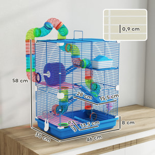 Cage pour hamster souris rongeur 4 étages avec tunnels mangeoire roue maison échelles dim. 46L x 30l x 58H cm bleu