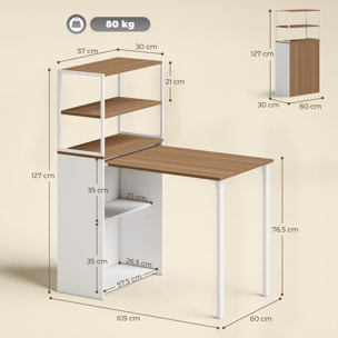 Escritorio Plegable con Estantería, Mesa de Escritorio con 4 Estantes, Mesa de Ordenador para Espacios Pequeños, Estudio, Oficina en Casa, 105x60x127 cm, Natural