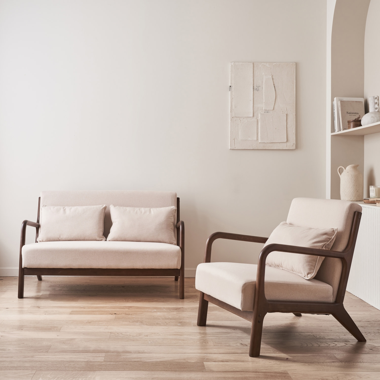 Banquette 2 places + Fauteuil bois d'hévéa teinté noyer clair et tissu LORENS