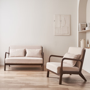 Banquette 2 places + Fauteuil bois d'hévéa teinté noyer clair et tissu LORENS