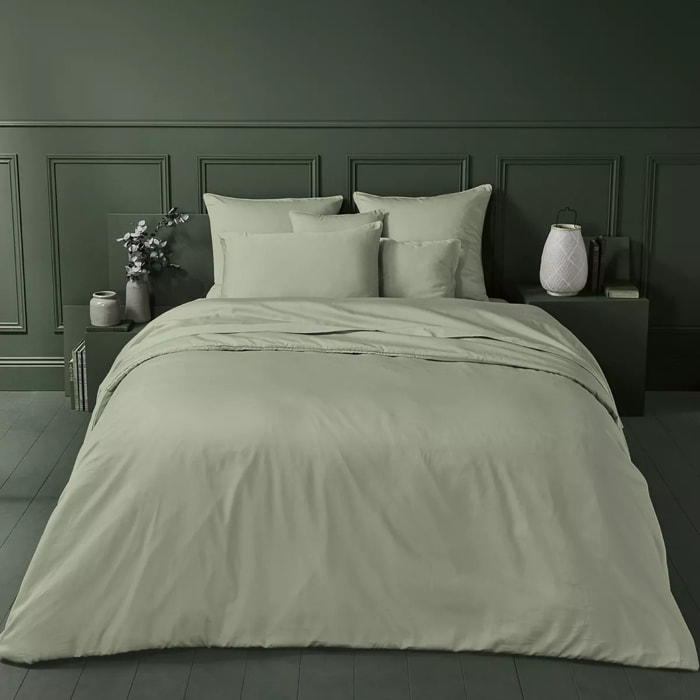 Housse de couette satin de coton uni vert Ava uni lichen
