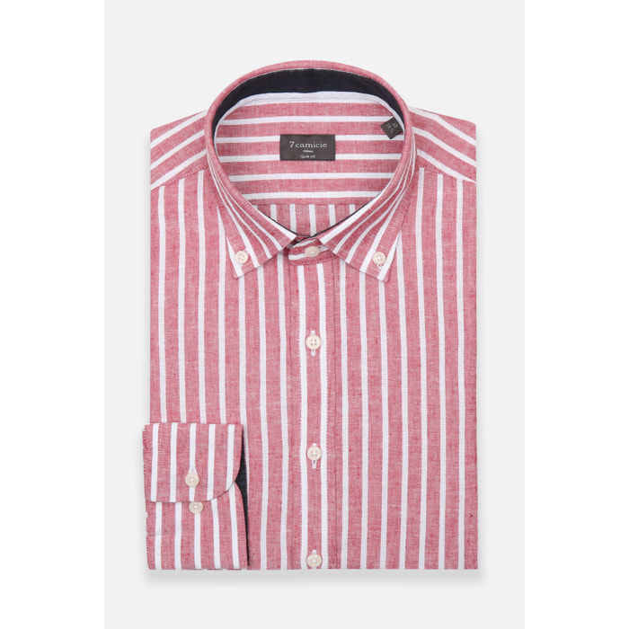 camicia uomo 1 bottone button down slim Lino Cotone Riga Larga Rosso\Bianco