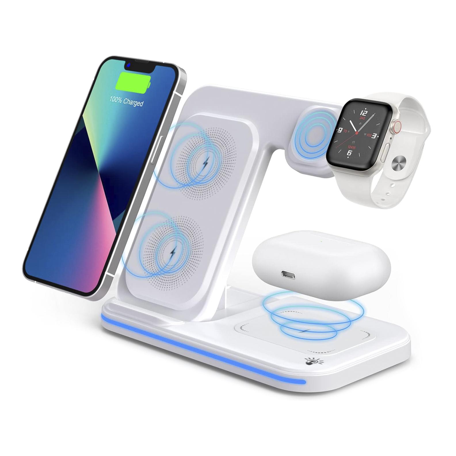 Base di ricarica wireless pieghevole 3 in 1. Base Qi da 15 W a doppia posizione, caricabatterie per Apple Watch e base Qi. Con luce ambientale. Funzione supporto.