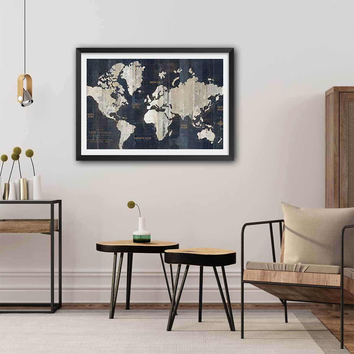 Affiche carte du monde voies navigables Affiche sous cadre noir