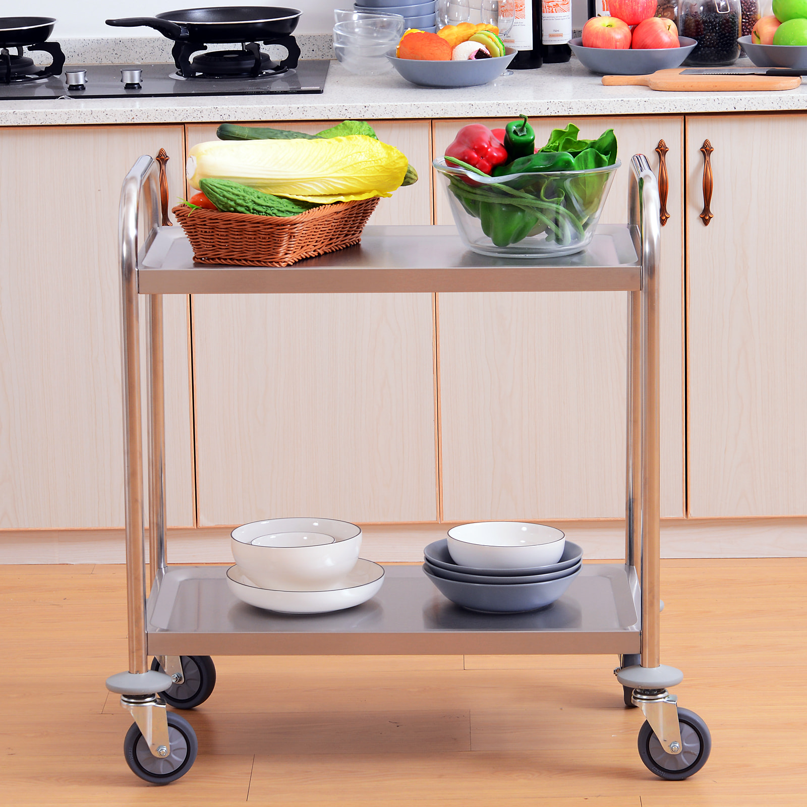 HOMCOM Chariot de service desserte de cuisine à roulettes 2 étagères 71L x 41l x 81H cm acier inox. chromé