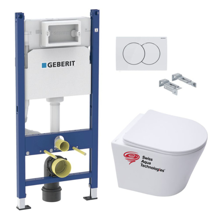 Pack WC sans bride Infinitio, fixations invisibles + Abattant softclose slim + Bâti support Geberit UP100 + Plaque blanche