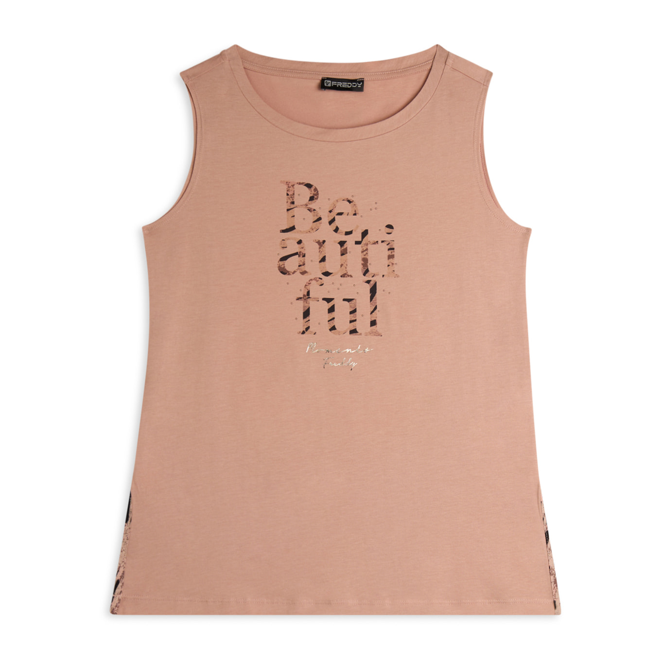 Canotta con fondo svasato e grafica con borchie