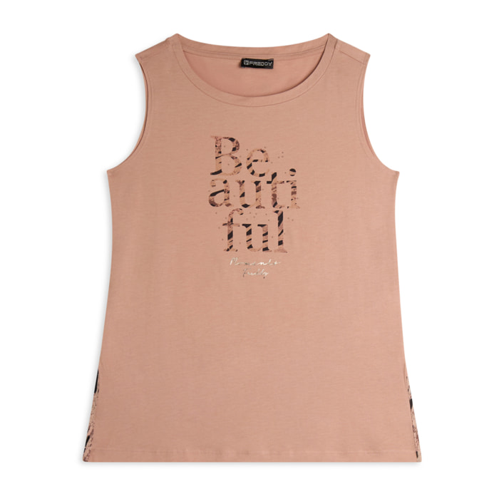 Canotta con fondo svasato e grafica con borchie