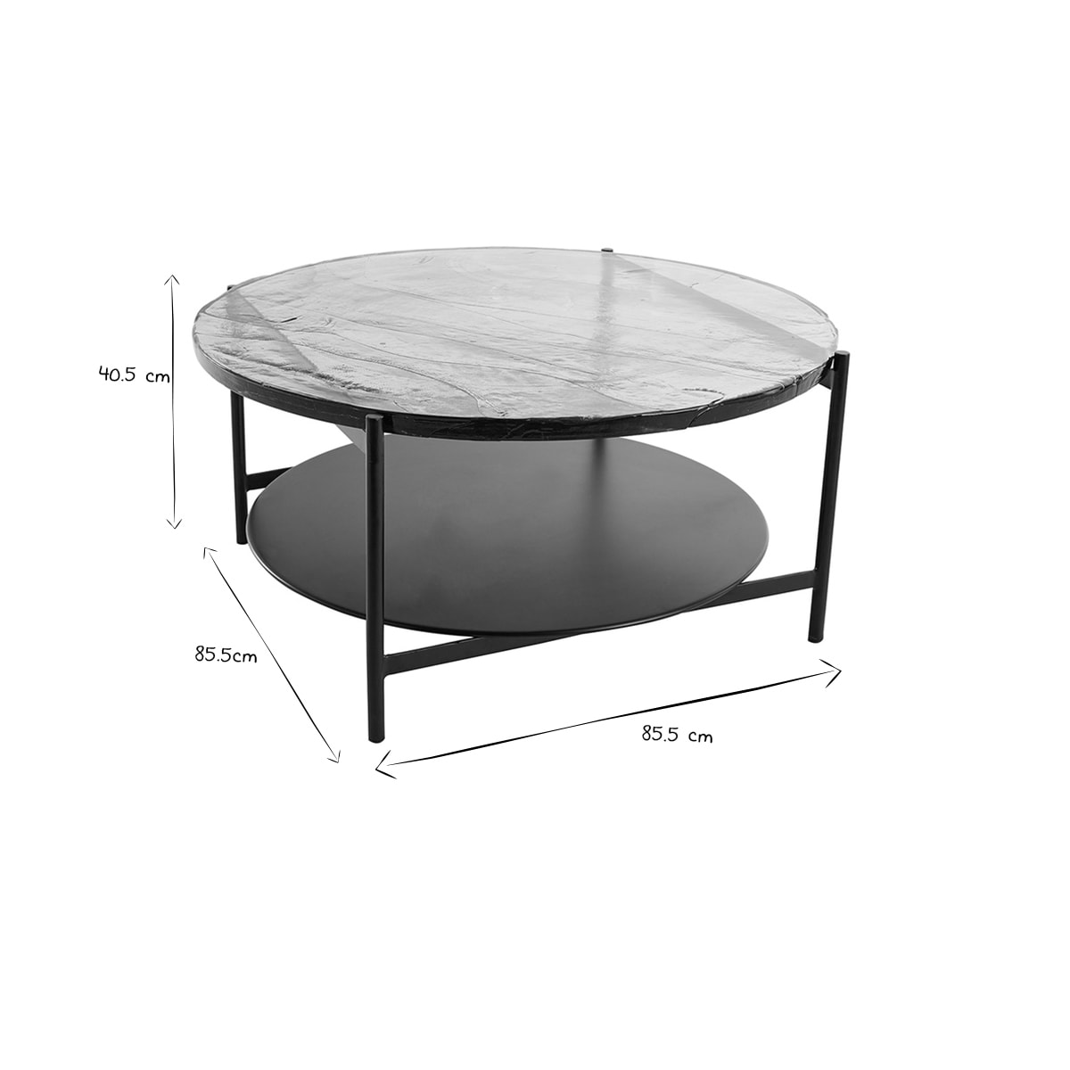 Table basse ronde avec double plateau en verre recyclé et métal noir D85 cm WELLE