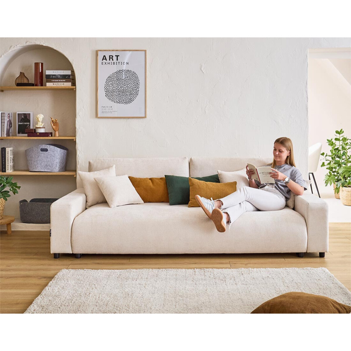 Pivoine - canapé droit 3 places - convertible avec coffre - en velours texturé - Beige