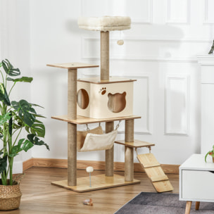 Árbol Rascador para Gatos Torre de Escalada con Plataformas Hamaca Escalera Cueva Postes para Rascar de Yute Bola Colgante Juego y Descanso 60x40x130 cm Beige