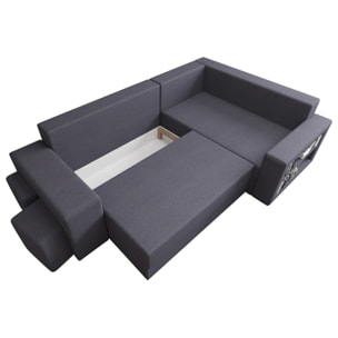 Libbie - Canapé d'angle droit 4 places convertible avec coffre, étagère et poufs en tissu - Gris foncé