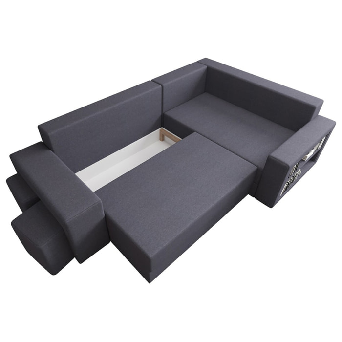 Libbie - Canapé d'angle droit 4 places convertible avec coffre, étagère et poufs en tissu - Gris foncé