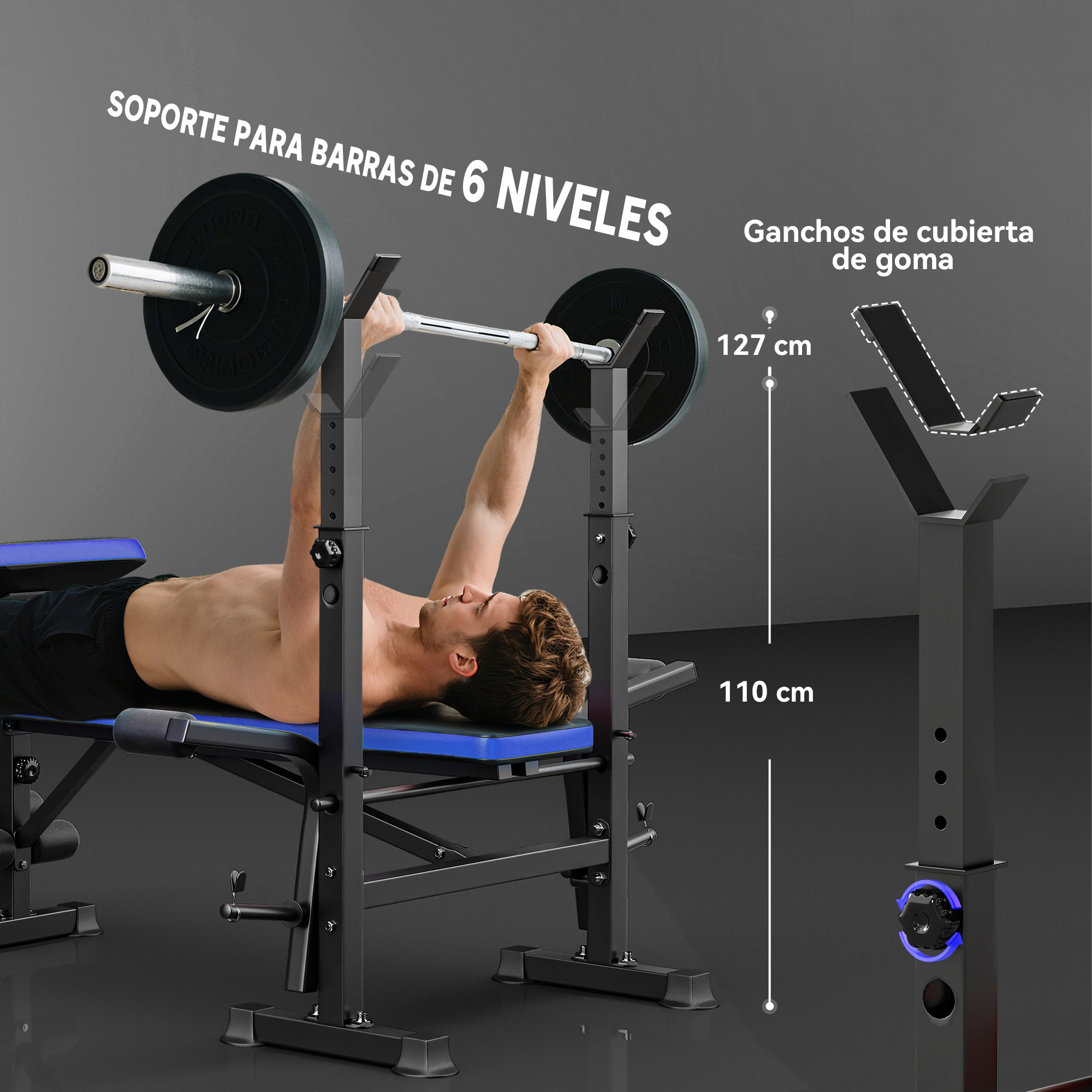 Banco de Musculación Multifuncional, Banco de Pesas con Respaldo Ajustable, Soporte para Barras Regulable, Extensión de Piernas, Curl de Predicador, Mariposa, Entrenamiento Casa Gimnasio, Azul