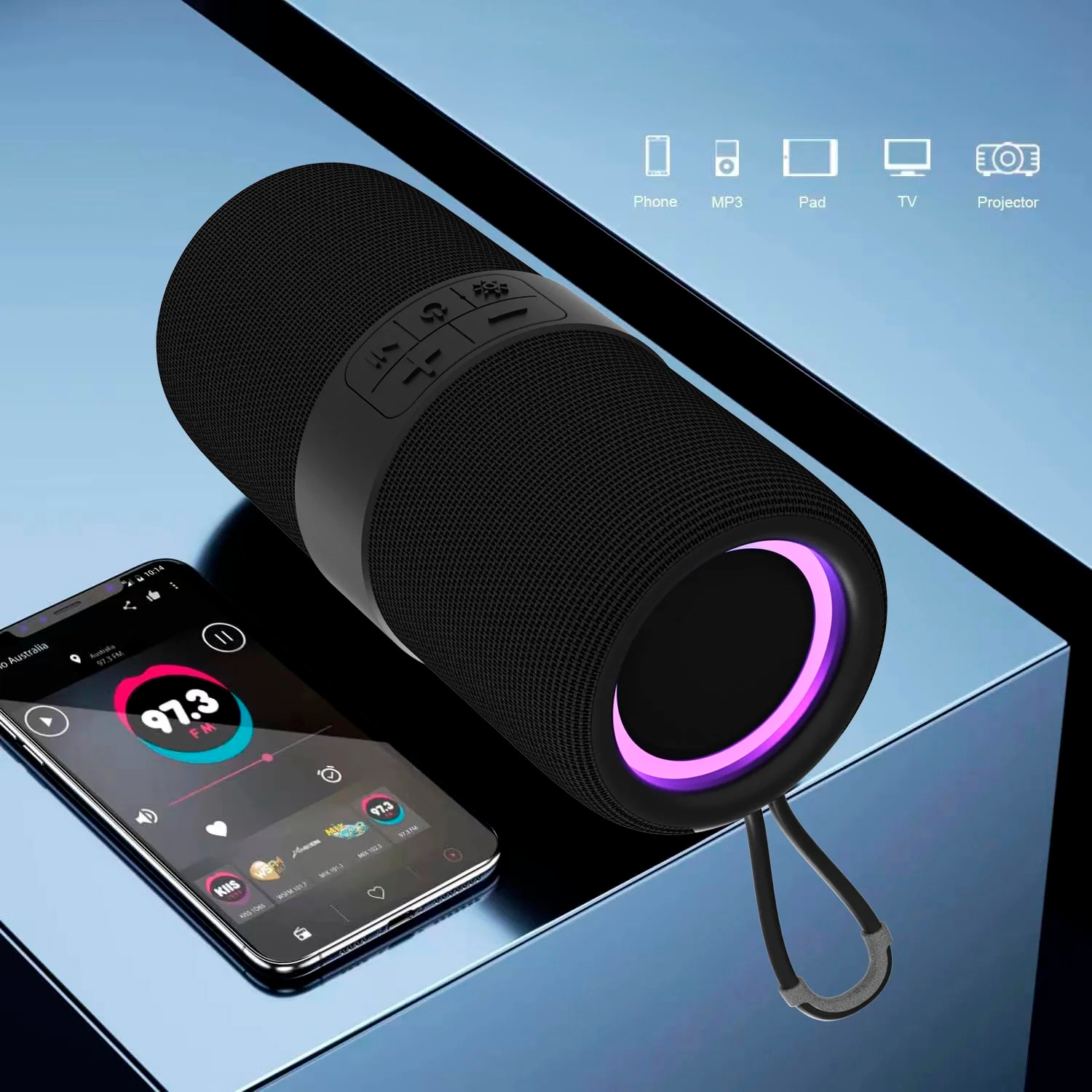 Altavoz portátil Bluetooth 5.3, radio FM, 11 modos de luz RGB, diferentes conexiones y batería de 1200mAh.