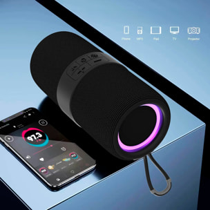 Altavoz portátil Bluetooth 5.3, radio FM, 11 modos de luz RGB, diferentes conexiones y batería de 1200mAh.