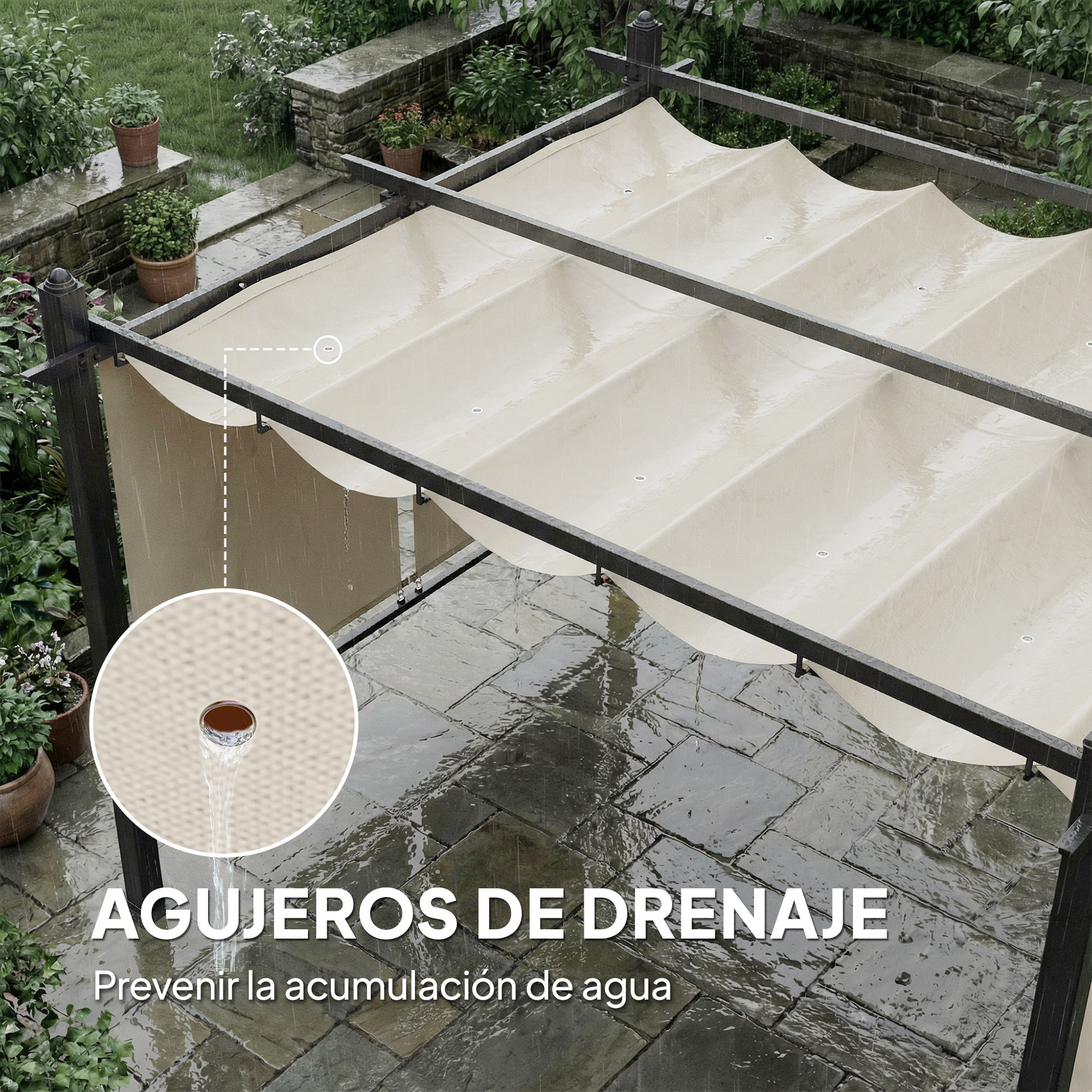 Pérgola de Jardín 4x3 m con Techo Retráctil y 4 Cortinas Enrollables Automáticas, Cenador de Jardín con Protección UV50+, Estructura de Aluminio, Drenaje, Pabellón para Exterior, Crema