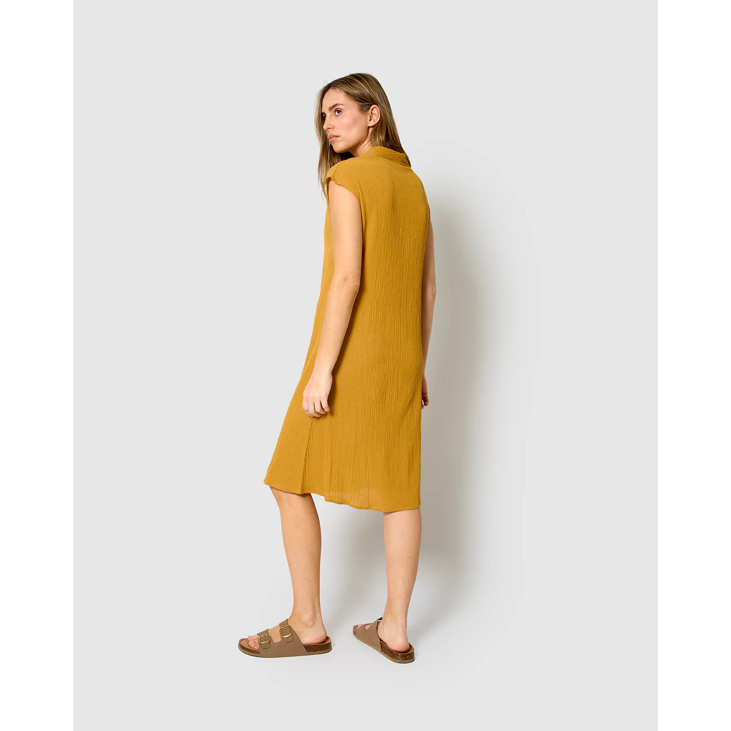 Vestido corto algodón lino ocre