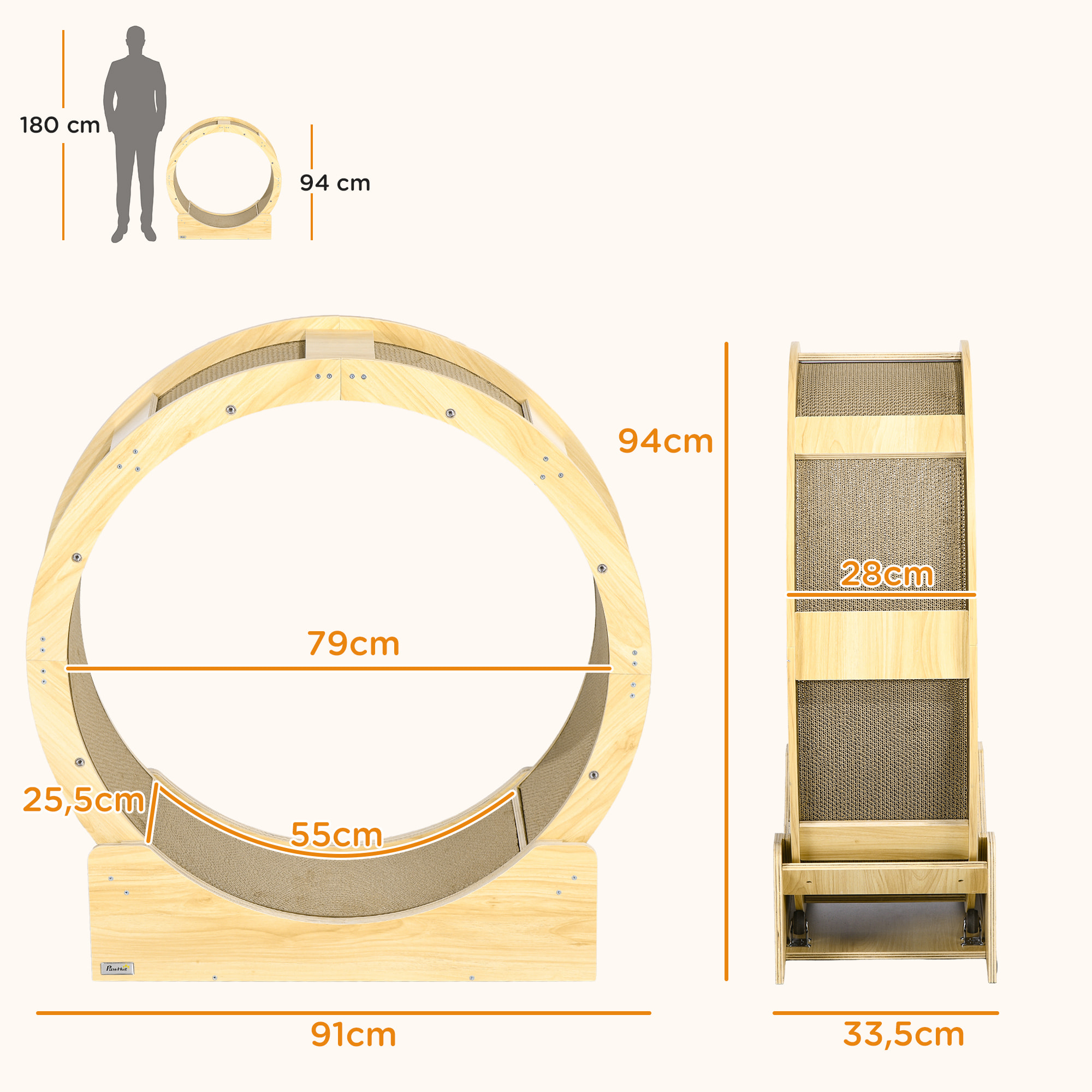 Roue d'exercice pour chat - frein, grattoirs - dim. 91L x 33,5P x 94H cm - aspect bois naturel