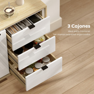 Aparador de 1 Puerta, Aparador de Salón Moderno con 3 Cajones, Estante Ajustable y Patas de Madera, para Cocina, Entrada, Dormitorio, 80x35x77 cm, Blanco Brillo y Roble