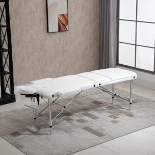 Table de massage pliable 3 zones hauteur réglable dim. 215L x 60l x 61-84H cm alu. synthétique PVC blanc
