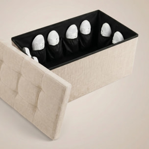 Pouf contenitore imbottito in tessuto con seduta lunga, panca multifunzione con spazio interno, ideale come poggiapiedi, seduta o contenitore, pratico e versatile per soggiorno, camera o ingresso, facile da pulire, dimensioni 76x34x34 cm