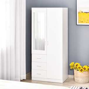 Armario Ropero de 2 Puertas con Espejo 3 Cajones Estantes Ajustables y Barra para Colgar Incluida Mueble Auxiliar para Dormitorio Habitación 80x50x180 cm Blanco