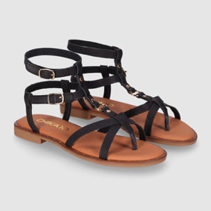 Sandalias de Piel - Negro - Tacón: Bajo