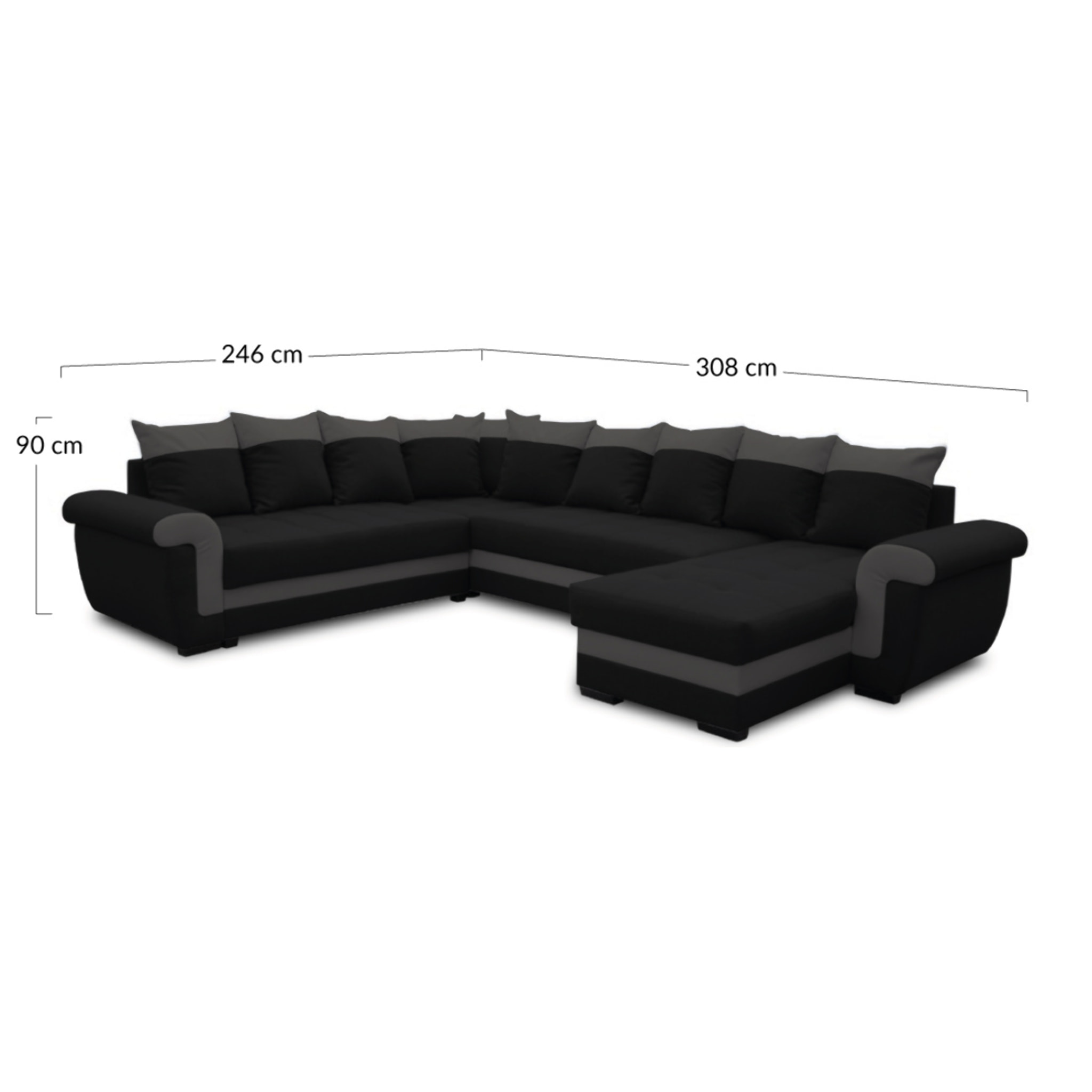 Henry - canapé panoramique d'angle réversible - 7 places - convertible avec coffre - en tissu et PU - Noir / Gris