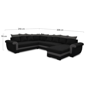 Henry - canapé panoramique d'angle réversible - 7 places - convertible avec coffre - en tissu et PU - Noir / Gris