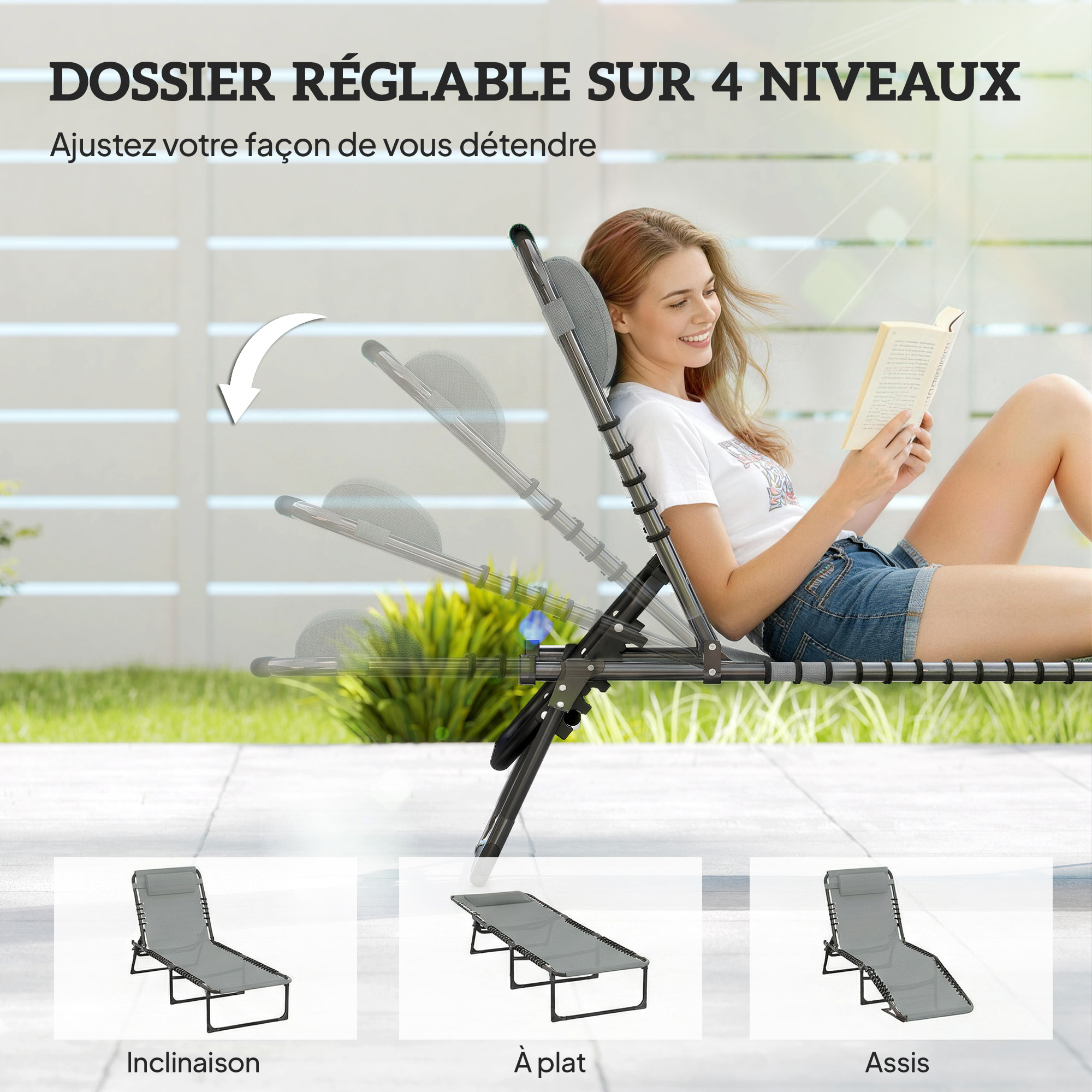 Bain de soleil transat pliable dossier inclinable multi-positions acier thermoplastique lacets élastiques noir textilène gris clair