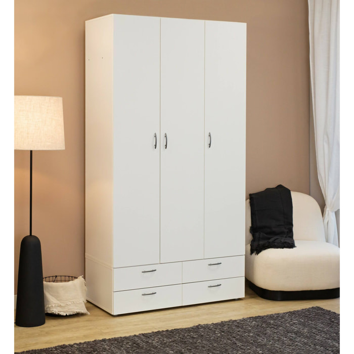 Guardaroba 3 ante Randazzo, Mobile camera da letto, Cabina armadio portabiti, Armadio appendiabiti, 111x52 h214 cm, Bianco
