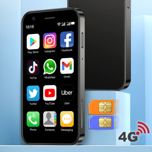 DAM Mini smartphone XS16 4G, Android, 3GB RAM + 64GB. Pantalla 3''.Doble tarjeta SIM. 4,5x1,2x10,2 Cm. Color: Negro