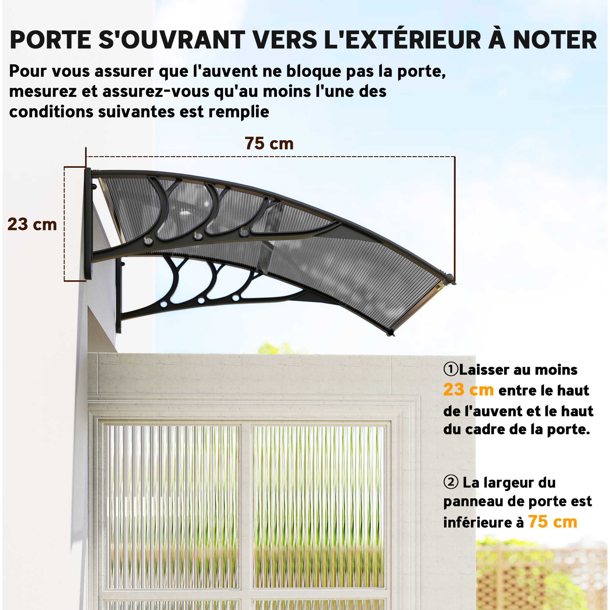 Auvent marquise de porte design voûté arrondi dim. 100L x 75l x 23H cm alu polycarbonate fumé plastique noir
