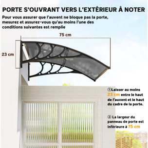 Auvent marquise de porte design voûté arrondi dim. 100L x 75l x 23H cm alu polycarbonate fumé plastique noir