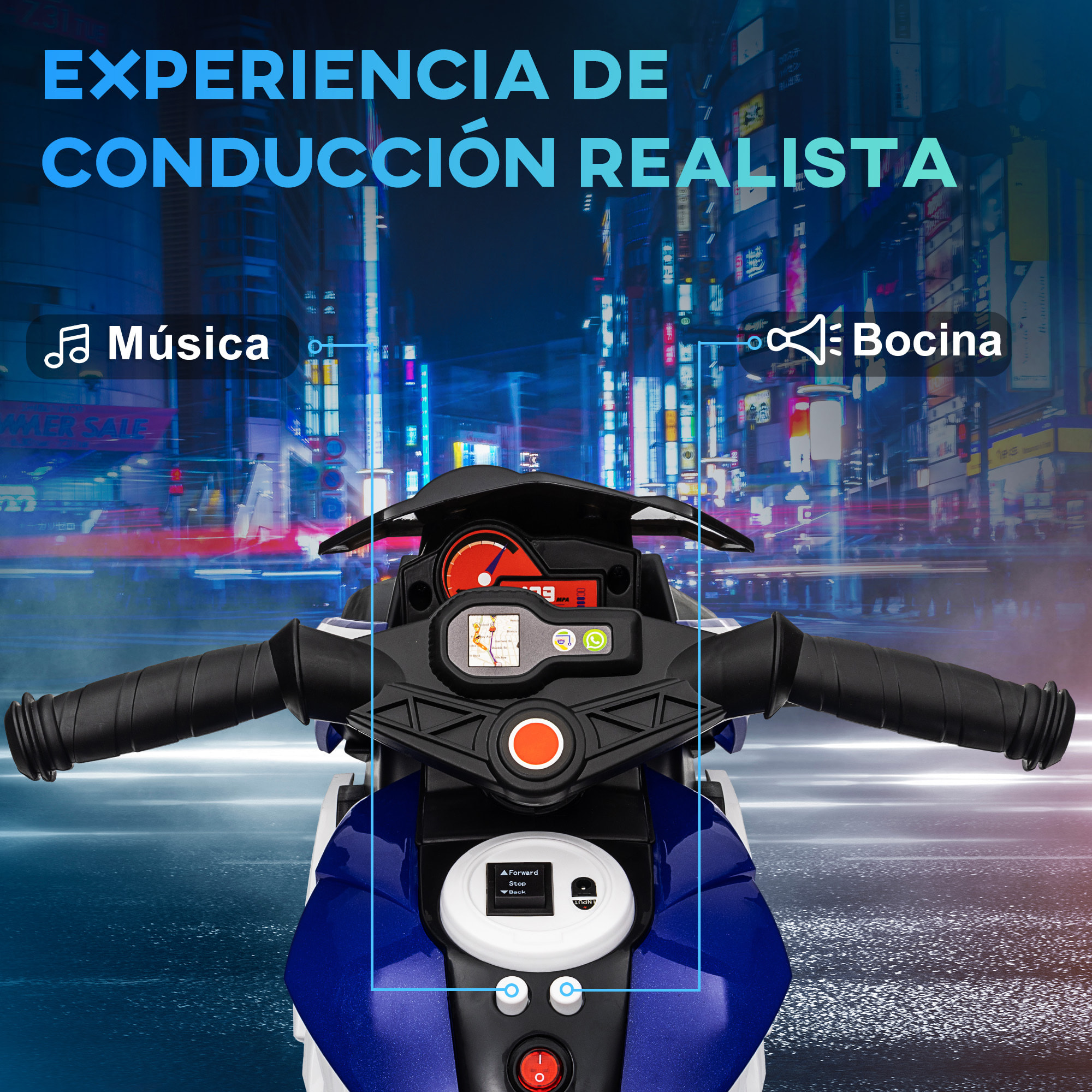 Moto Eléctrica Infantil con 3 Ruedas Trimoto para Niños de +3 Años con Batería 6V Recargable Funciones de Música Bocina Faros 86x42x52 cm Negro y Azul