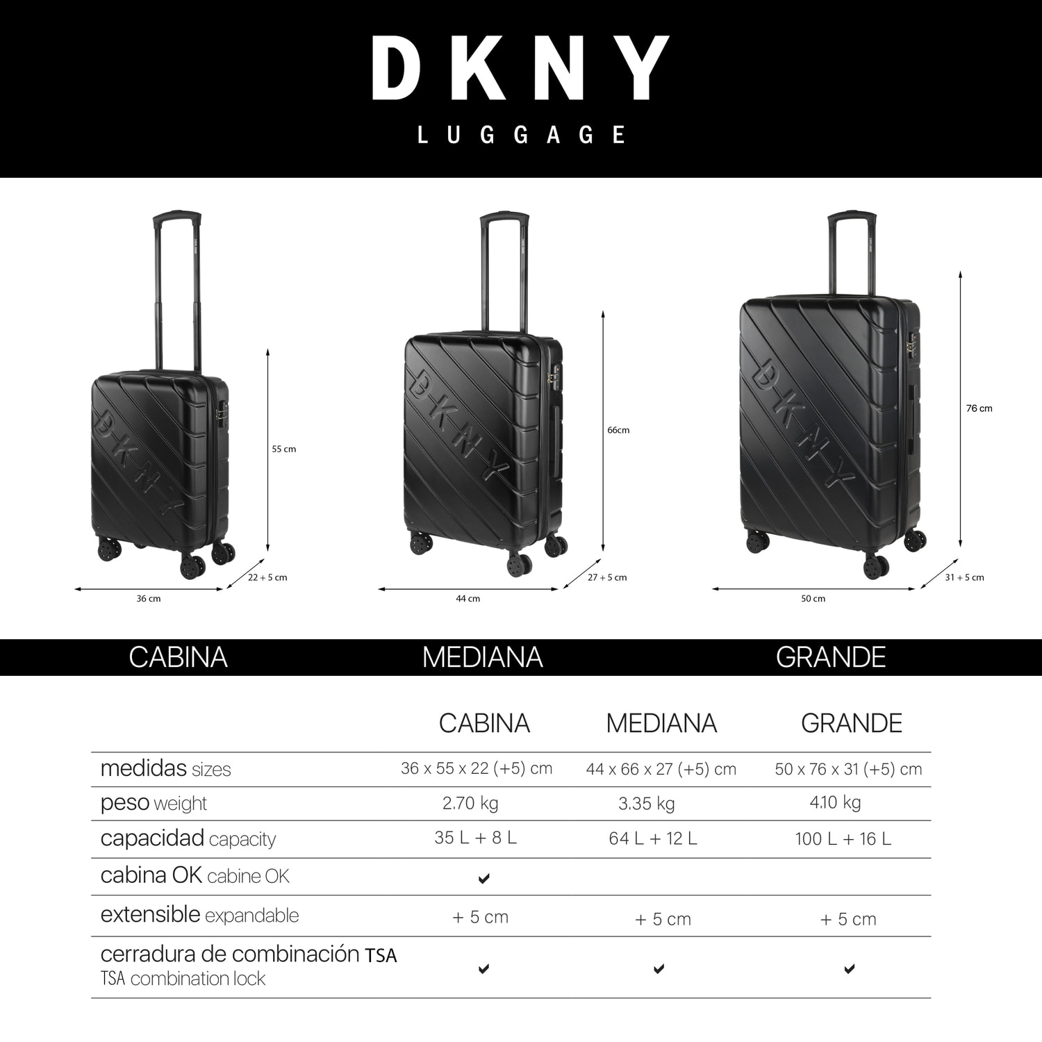 Juego De Maletas Rígidas Abs Dkny Side Tracked Negro