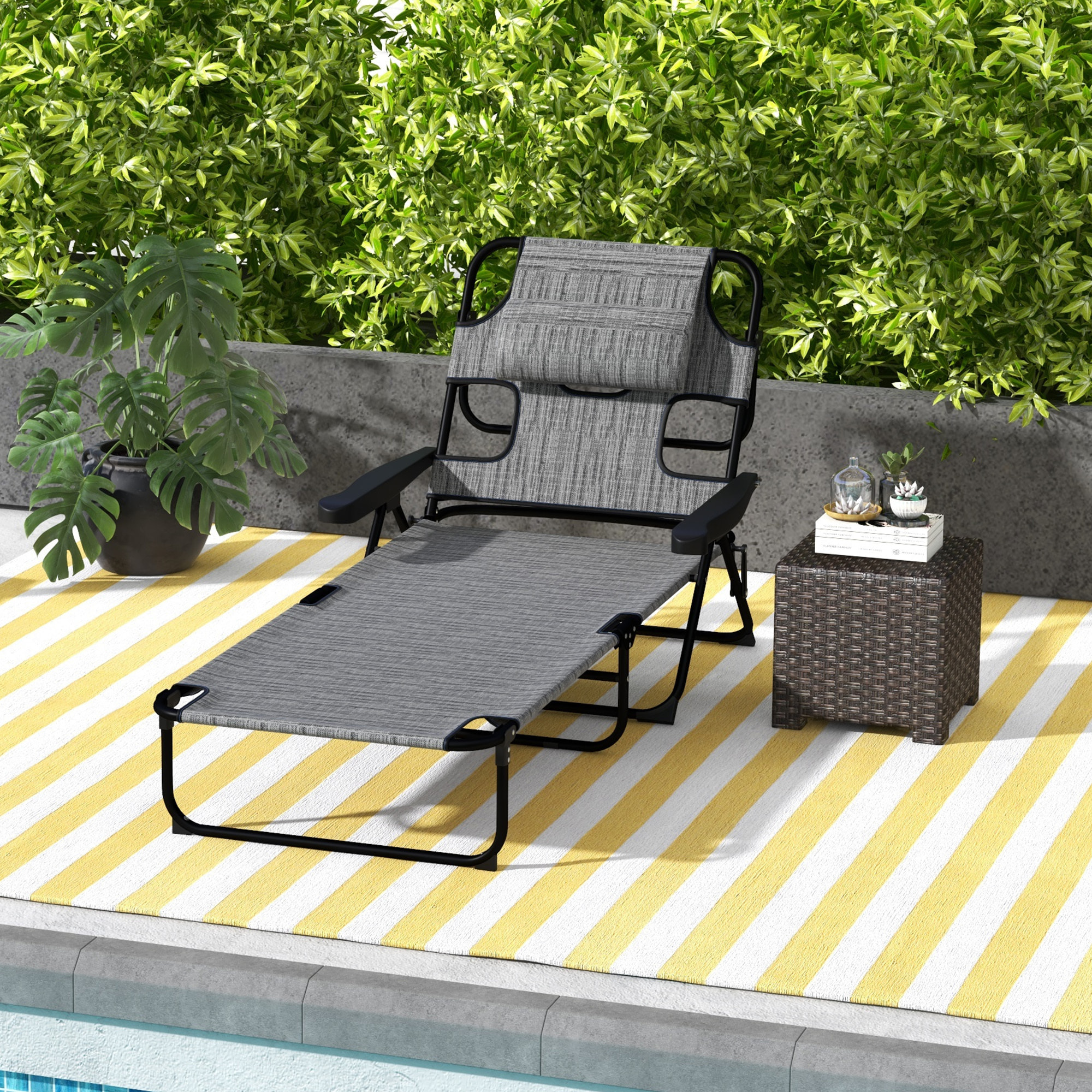 Tumbona Plegable Tumbona de Jardín con Respaldo Ajustable en 4 Niveles Orificio de Lectura y Reposacabezas para Terraza Piscina 194x72x31 cm Gris