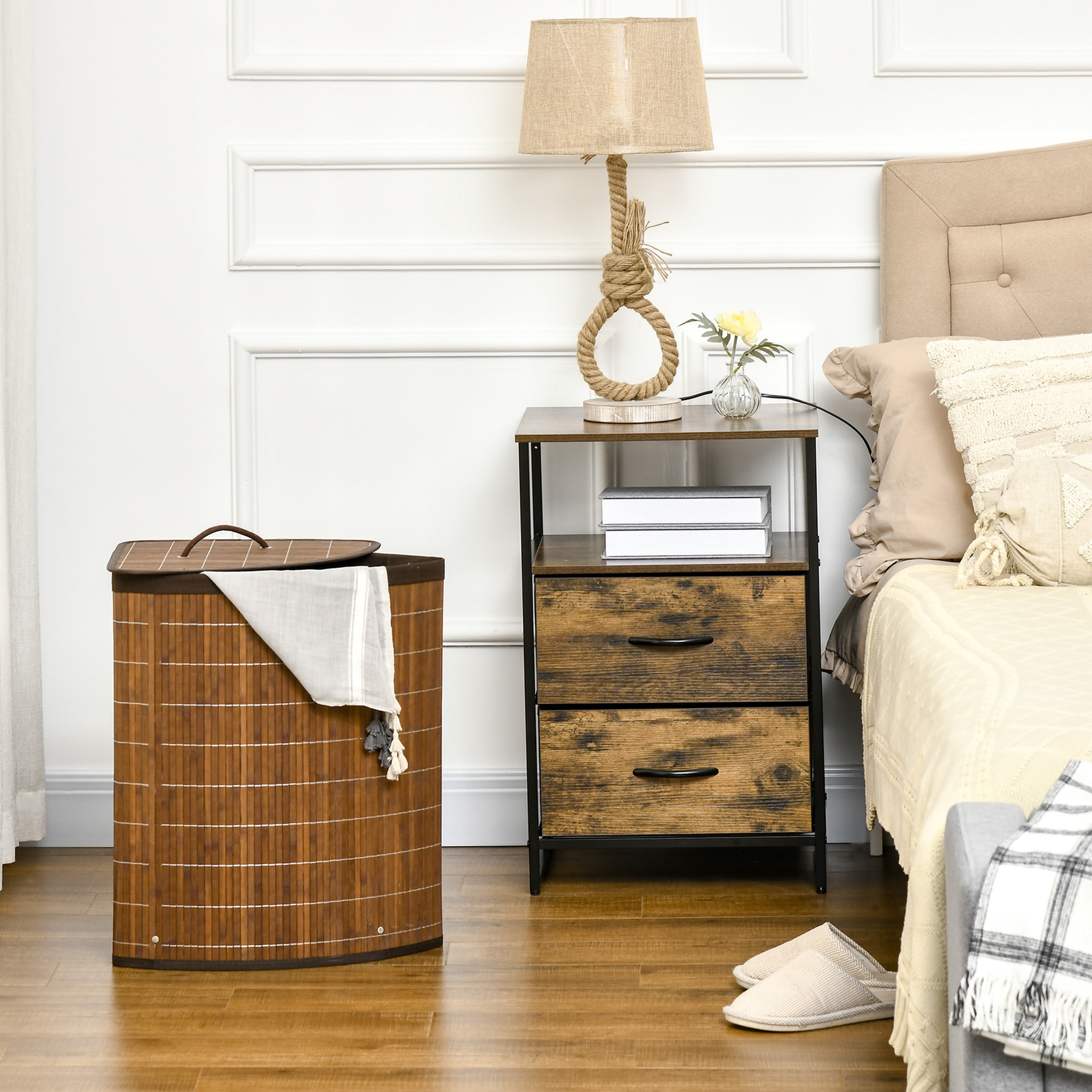 Panier à linge d'angle corbeille à linge bac à linge 55 L couvercle sac amovible poignée bambou tissu brun