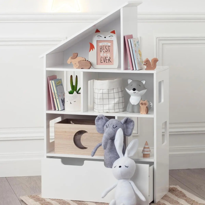 Bibliothèque "Maison"- coffres à roulettes - blanc H104 cm